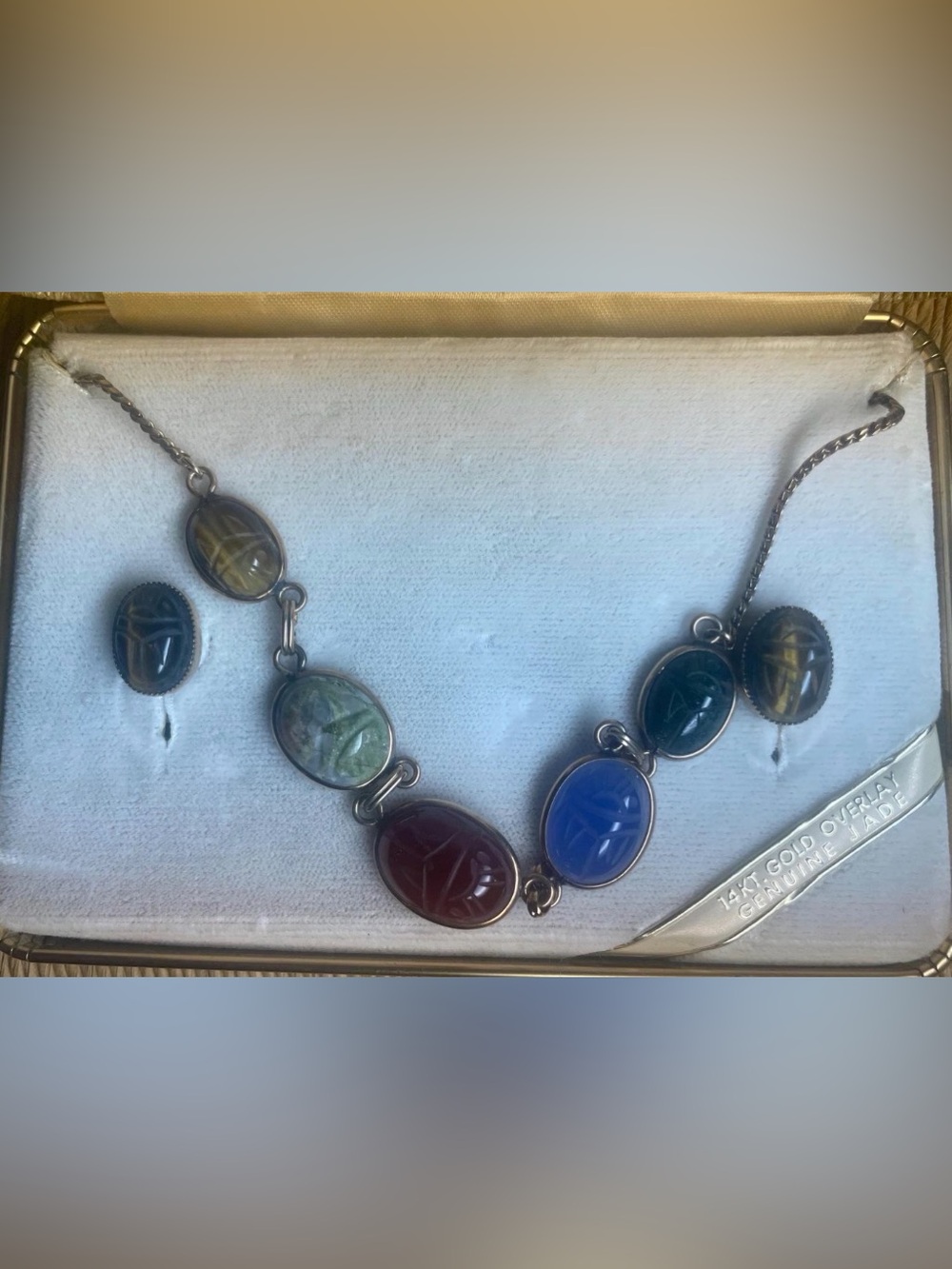 Vintage Amco 14K Gold Overlay Jade Scarab Set - Picture 2 of 4